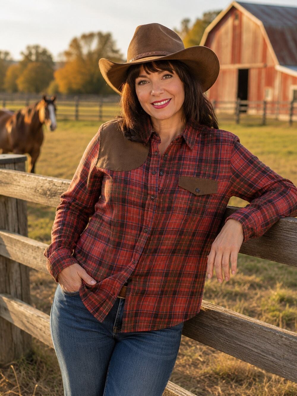 Tasha Polizzi Red Plaid Western Shirt Faux Suede Accents Size Small